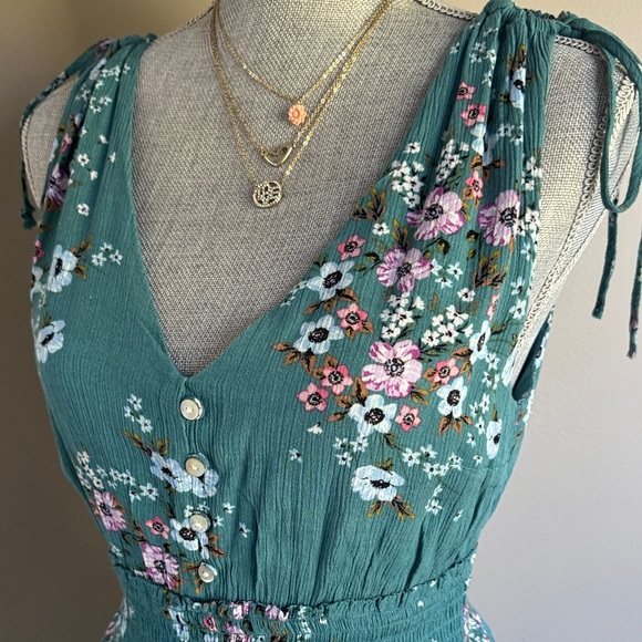 Aeropostale Green Floral Tie-Shoulder Sundress - Teal Floral Dress Size-Small - Picture 16 of 16